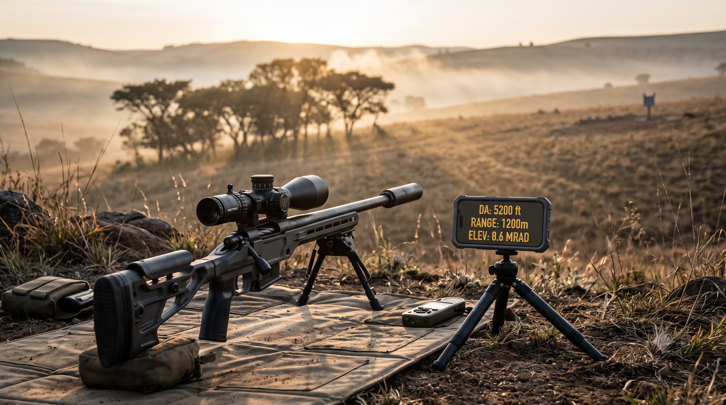 OneShot Ballistics on a tripod next to a precision rifle at sunrise